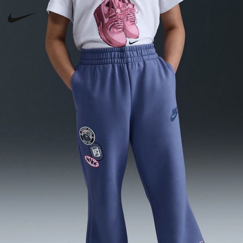 NIKE耐克幼童趣味图案喇叭裤秋女童刺绣贴片柔软运动裤IO5866-499