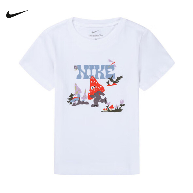 Nike耐克女童幼童T恤夏季休闲图案印花圆领针织棉短袖IM4496-100