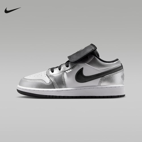 Nike耐克童鞋2026新款黑白银AJ1魔术贴低帮复古篮球鞋IR2310-100