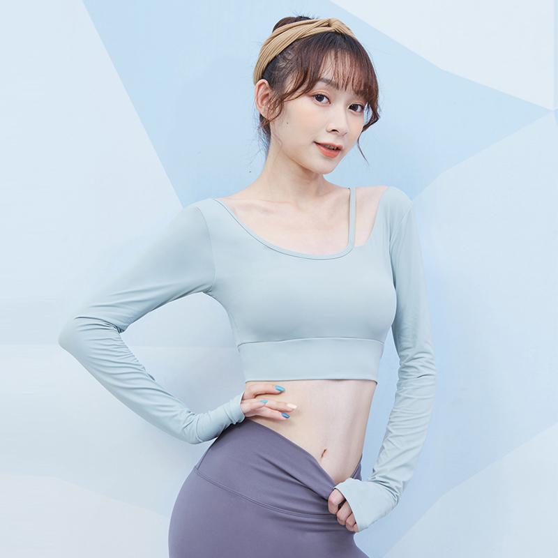 秋冬款健身服女跑步t恤运动上衣显瘦弹力紧身衣性感含胸垫瑜伽服