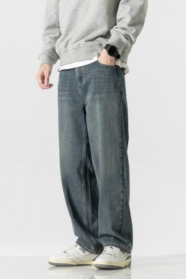 FFM-studio 美式复古街头休闲牛仔裤蓝潮牌新款水洗宽松阔腿长裤