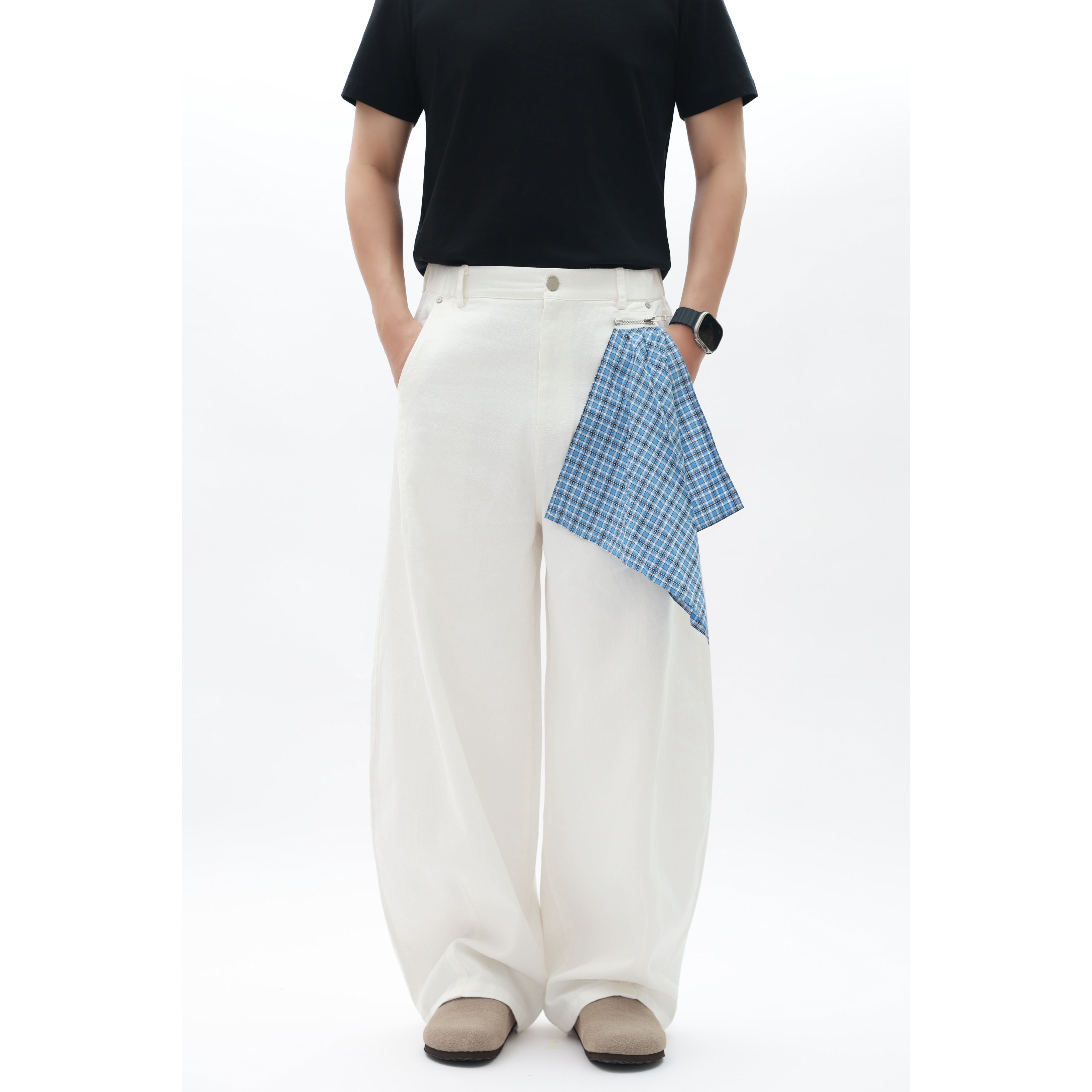 FFM-studio日系可拆卸格子方巾休闲裤男秋季宽松长裤