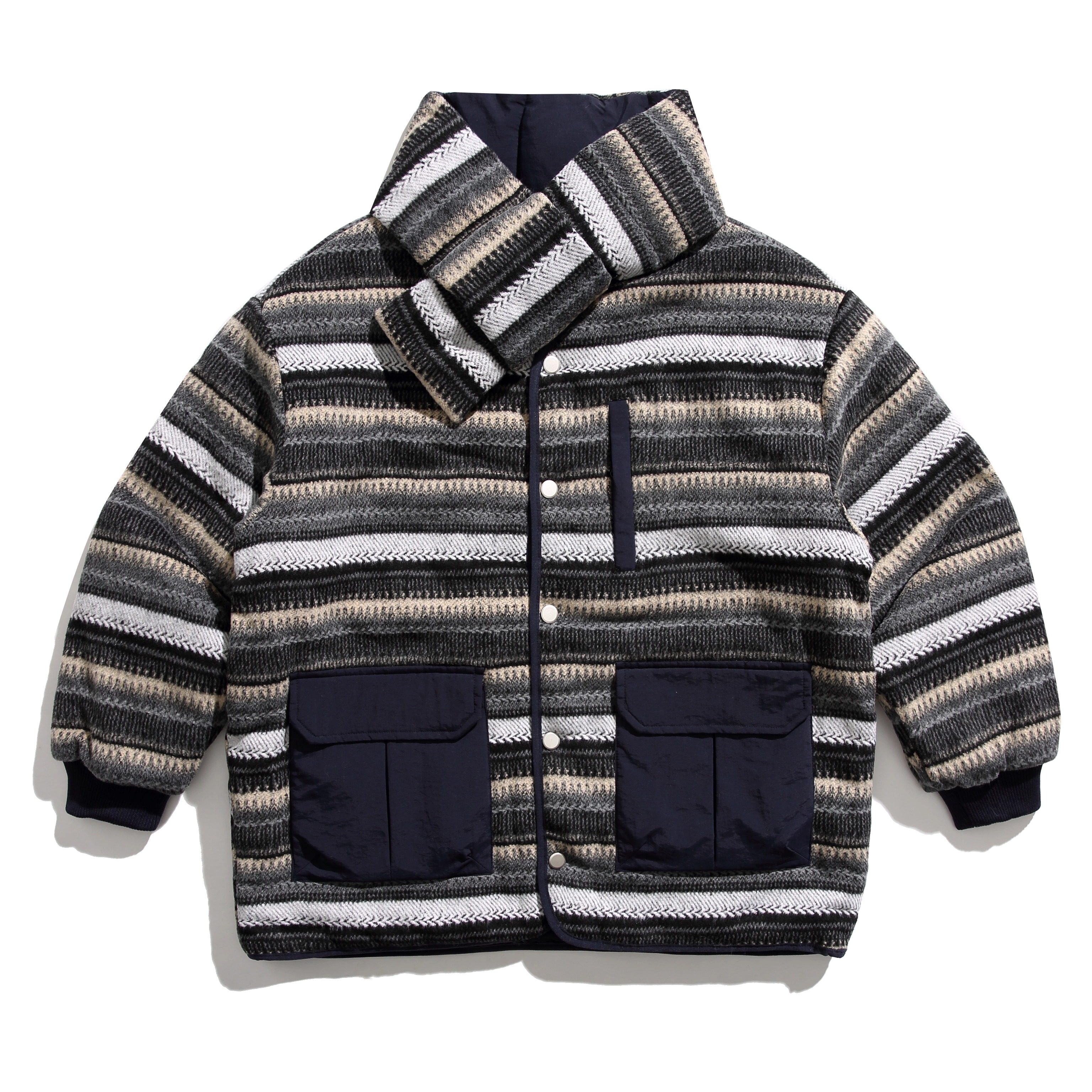 FFM-studio 冬季新款日系刺绣格子加厚棉衣复古撞色V领休闲棉服