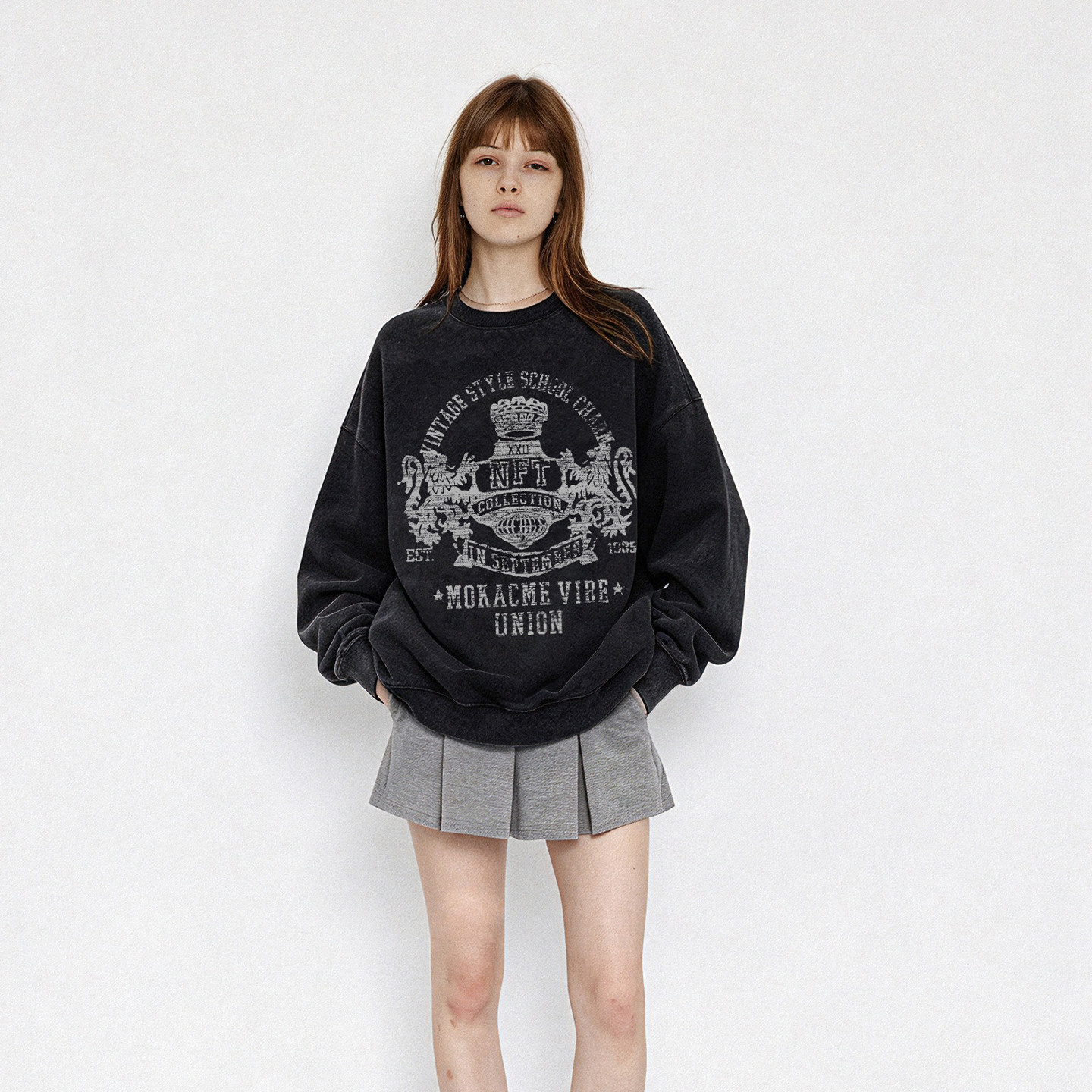MOKACME 秋冬新品水洗做旧学院风印花韩系加厚重磅卫衣棉男女情侣