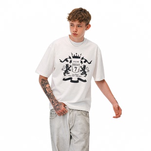 MOKACME 原创设计复古重磅竹节棉喷漆会徽做旧印花短袖潮T恤男女