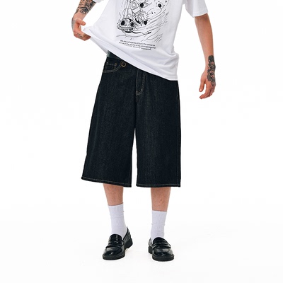 MOKACME 复古街头百搭baggy七分裤宽松denim单宁牛仔中裤男女情侣