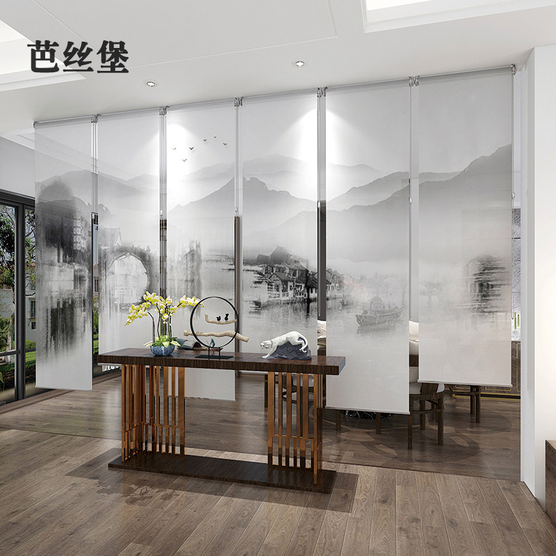 卷帘窗帘遮光悬挂软屏风帘升降隔断客厅茶室酒店餐厅山水画电动