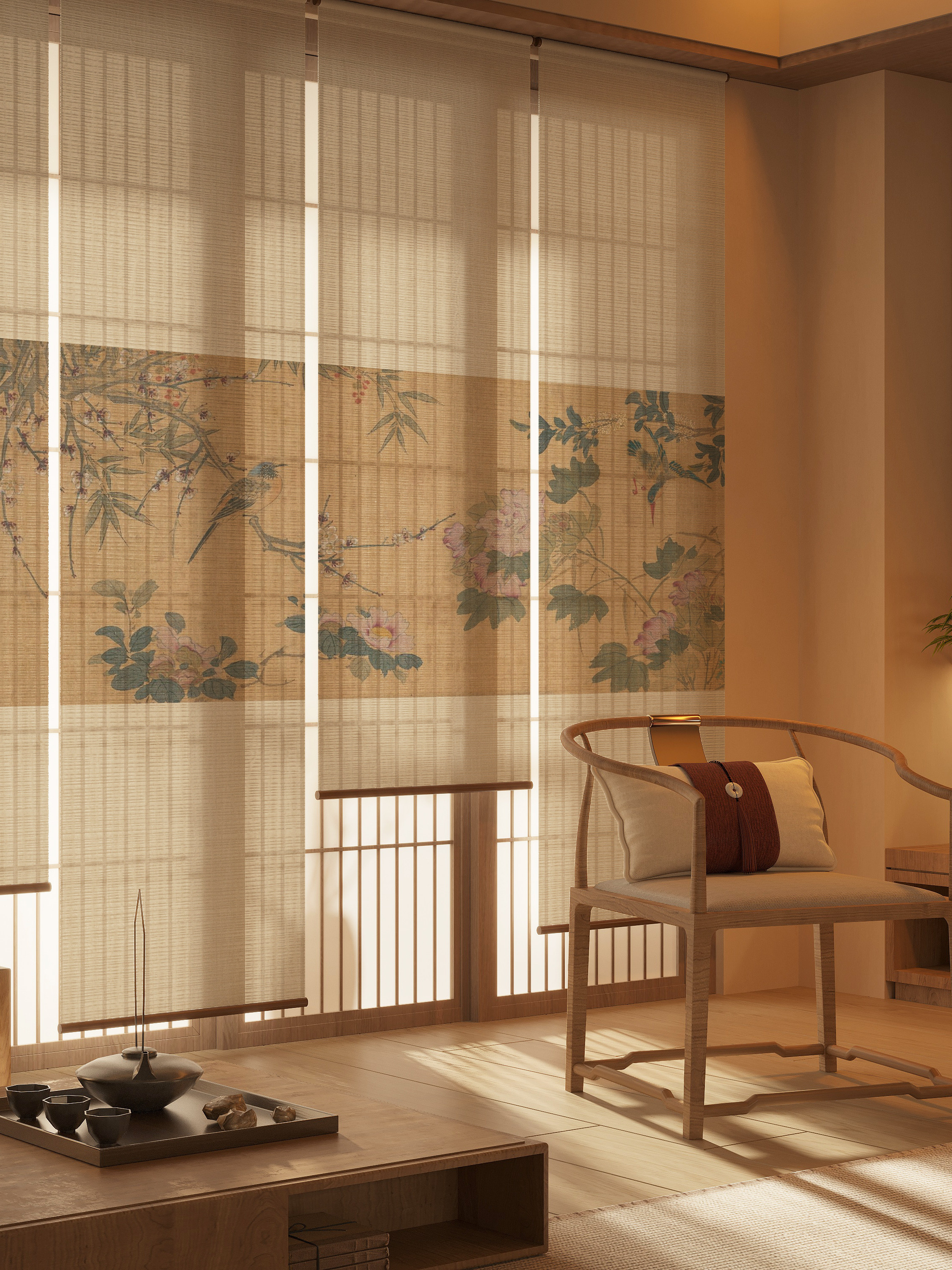 宋代美学卷帘茶室隔断帘新中式遮光遮阳饭厅背景墙装饰挂画窗帘