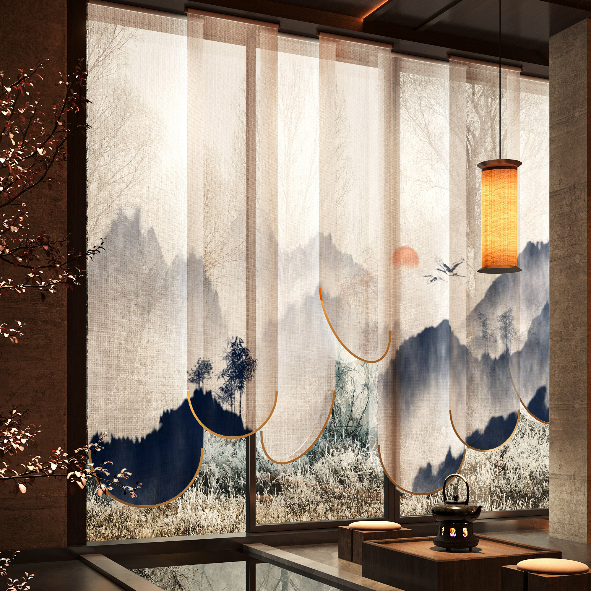 新中式鹤舞朝峰钛金弧边卷帘客厅入户玄关卧室遮光装饰拉式窗帘,居家布艺,卷帘,淘宝优惠券,粉丝福利购,淘宝优惠卷