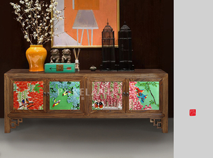 青兰工舍新中式现代仿古实木老榆木镶瓷板画电视柜多用四方低柜