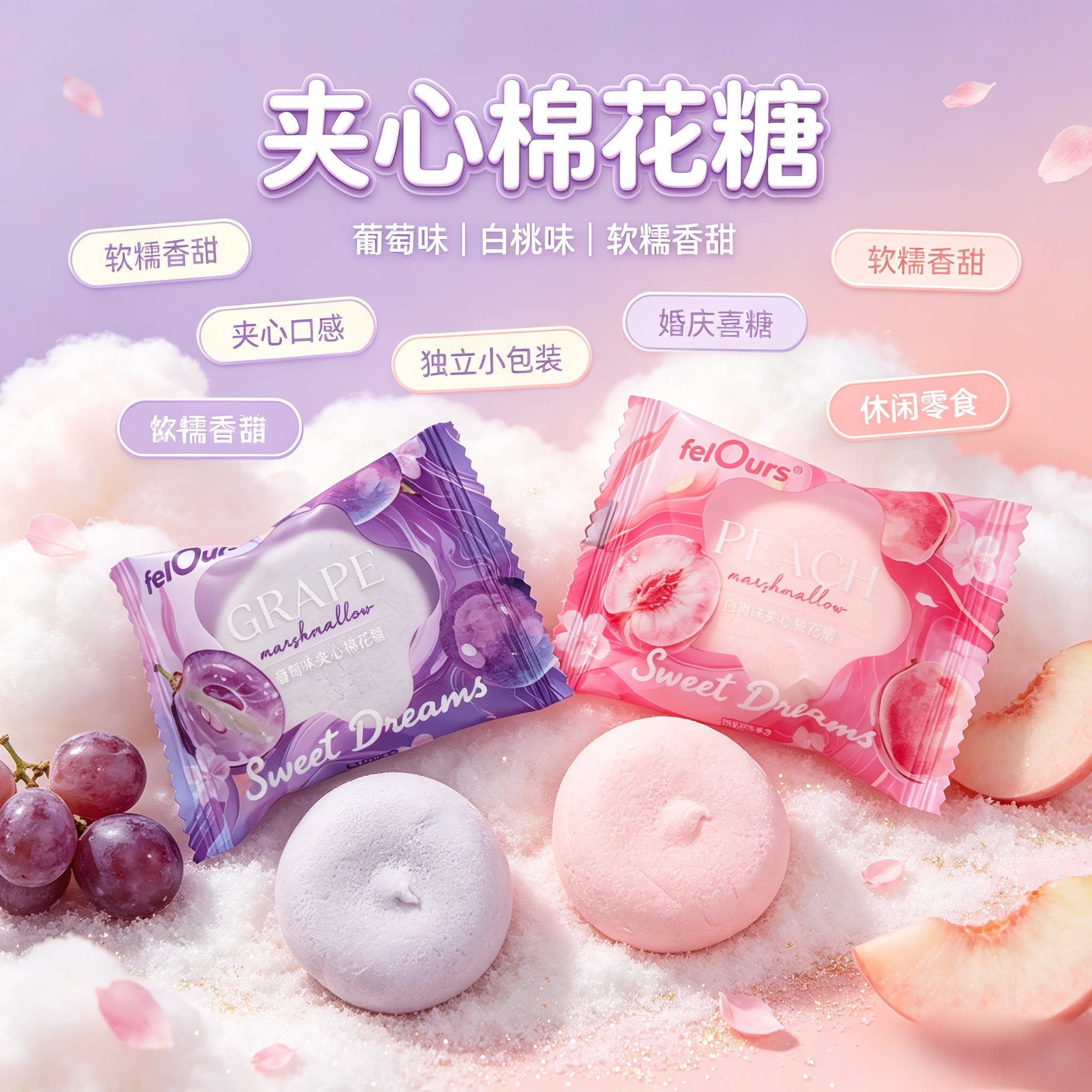 法国费洛斯felOurs葡萄味白桃味夹心棉花糖散装高端喜糖果小零食
