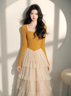 方领气质拼接黄色连衣裙女装2025春季新款富家千金优雅网纱长裙子