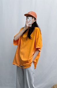 216-T624-P28 2024夏破洞短袖T恤落肩袖宽松oversize 白图片