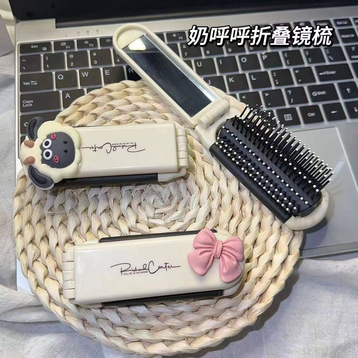 折叠梳气垫梳高颜值小巧随身带气囊奶白色女生网红带镜子便携梳子