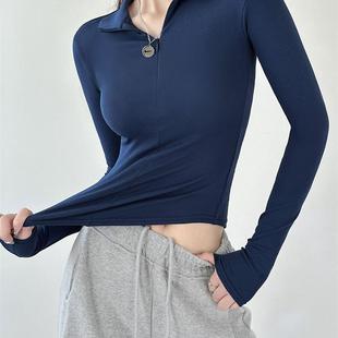 t恤女士2025新款 修身 长袖 春秋季 polo领体桖上衣 显瘦v领打底衫 夏季