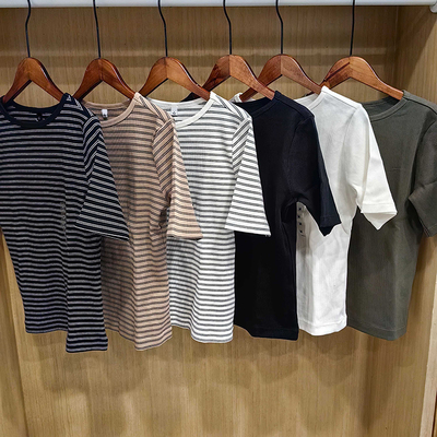 日系2026年春秋新款休闲女装罗纹船领条纹T恤五分袖486466/483467