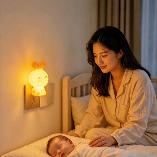 兔子插电小夜灯卧室床头婴儿喂奶柔光夜灯带开关卡通儿童房氛围灯