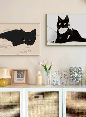 趣味黑色猫咪挂画北欧简约猫咖店小猫画像小黑猫宠物店墙面装饰画