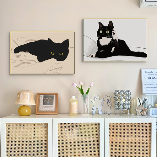 趣味黑色猫咪挂画北欧简约猫咖店小猫画像小黑猫宠物店墙面装饰画