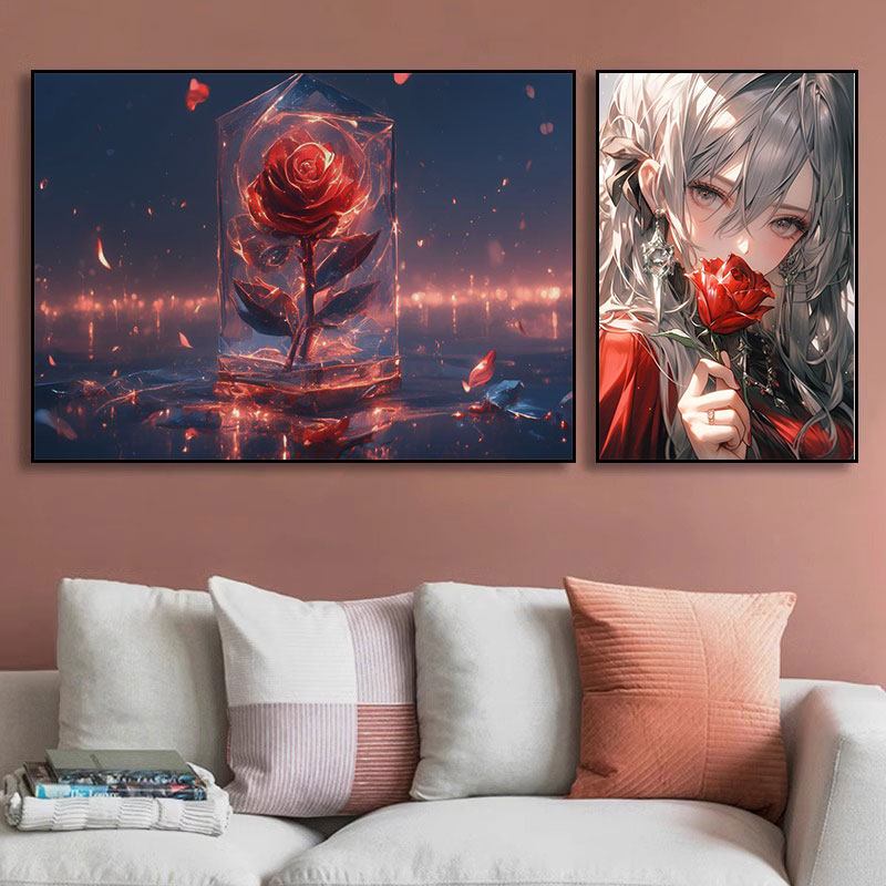 水晶玫瑰挂画温馨花卉壁画治愈系二次元少女卧室月季花女孩装饰画