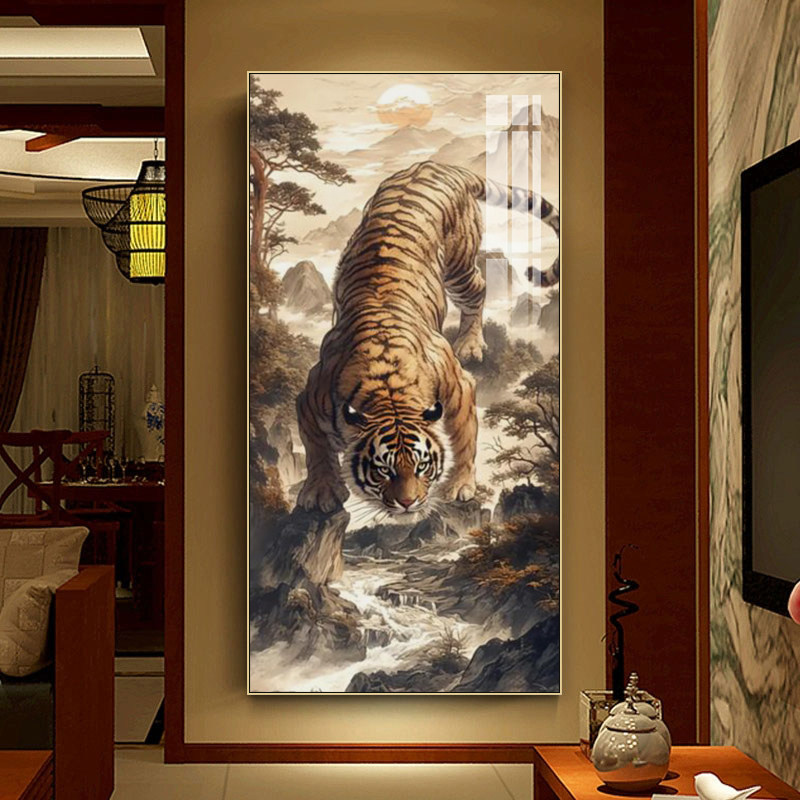 老虎油画挂画下山虎玄关镇宅装饰画床头画像眼神猛虎下山图片壁画