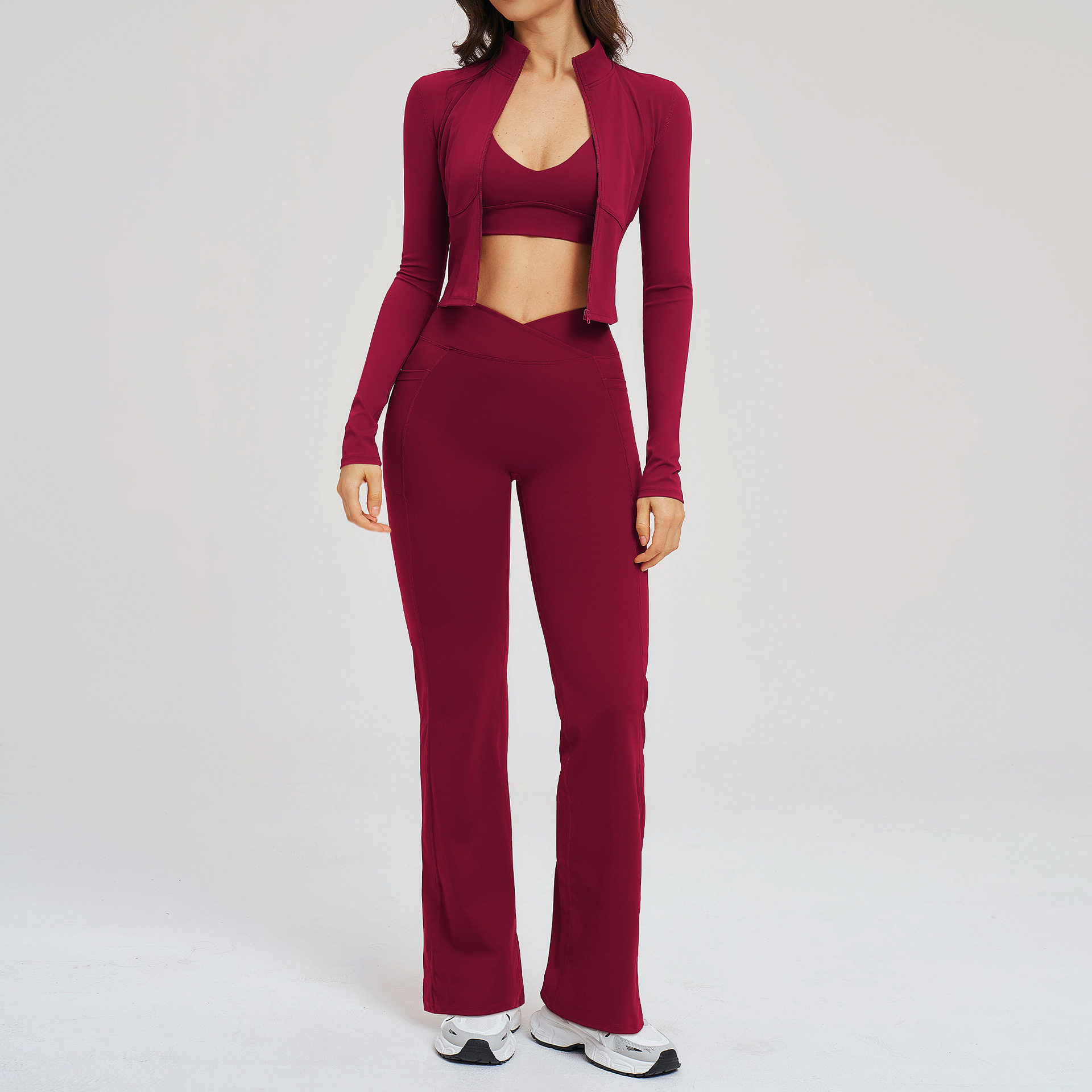 猫家 裸感运动内衣拉链立领长袖外套户外骑行健身长裤三件套女装