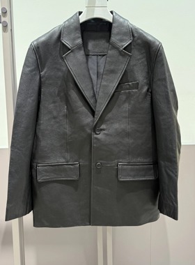 B1BDF4F17鸟家秋冬季休闲风衣西装领中长款绵羊皮真皮皮衣外套潮