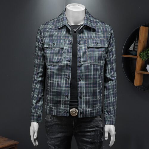 今年流行特惠欧洲站2026春季新款男士翻领格子夹克大码高品质休闲