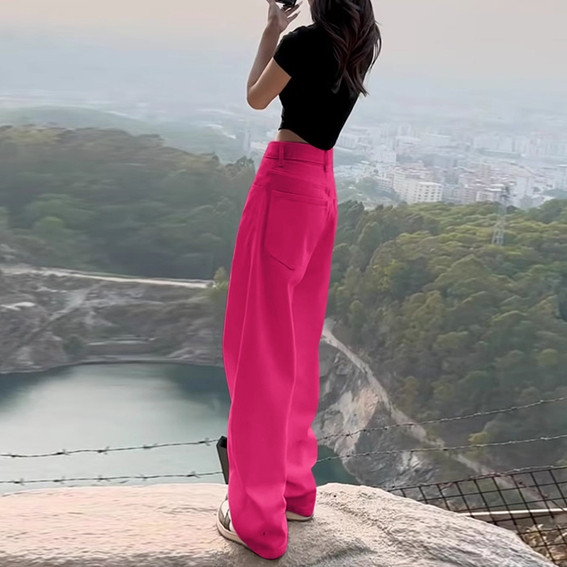 火龙果色垂感阔腿牛仔拖地裤女
