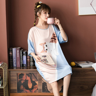 冰丝睡衣女夏季睡裙中长款新款卡通大码薄款短袖网红可外穿家居服