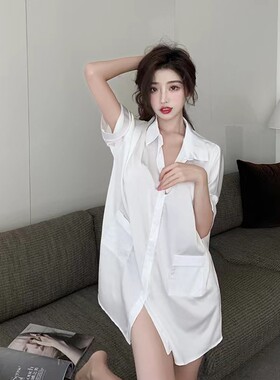 新款冰丝睡裙女春秋性感男友风衬衫睡衣夏季可外穿中长款家居服女