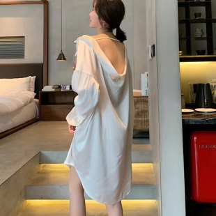 性感纯欲风冰丝露背睡衣女薄款春秋季男友风中长款大码白衬衫夏天