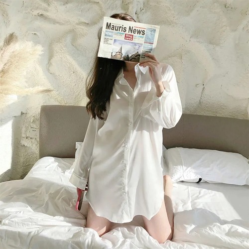 男友风大码白衬衫睡裙春秋雪纺性感睡衣女可外穿长袖款夏季家居服