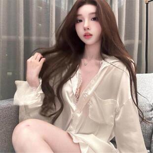 奢华两件套性感纯欲风蕾丝长袖白衬衫睡衣女镂空高级感家居服套装