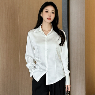 白色缎面醋酸真丝滑面衬衫女设计感春秋垂感职业衬衣防晒开衫外套