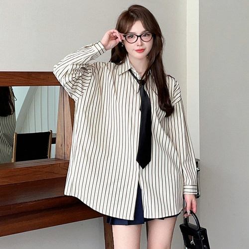 日系竖条纹衬衫女新款2025年春秋高级感长袖衬衣早春通勤春装上衣