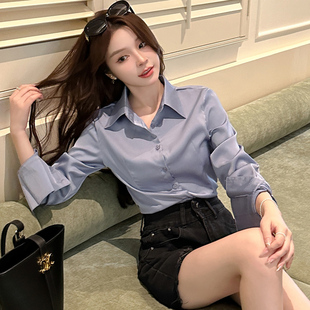 醋酸缎面白色衬衫女装2026新款春款衬衣修身设计感高级感轻奢上衣