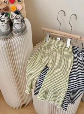 女童裤子夏季儿童薄款洋气时髦喇叭裤格子休闲裤女宝宝防蚊裤长裤