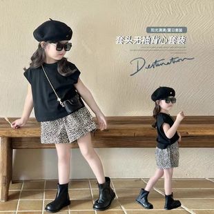 夏季女童休闲套装中小童新款洋气短袖豹纹裤子二件套宝宝韩版夏款