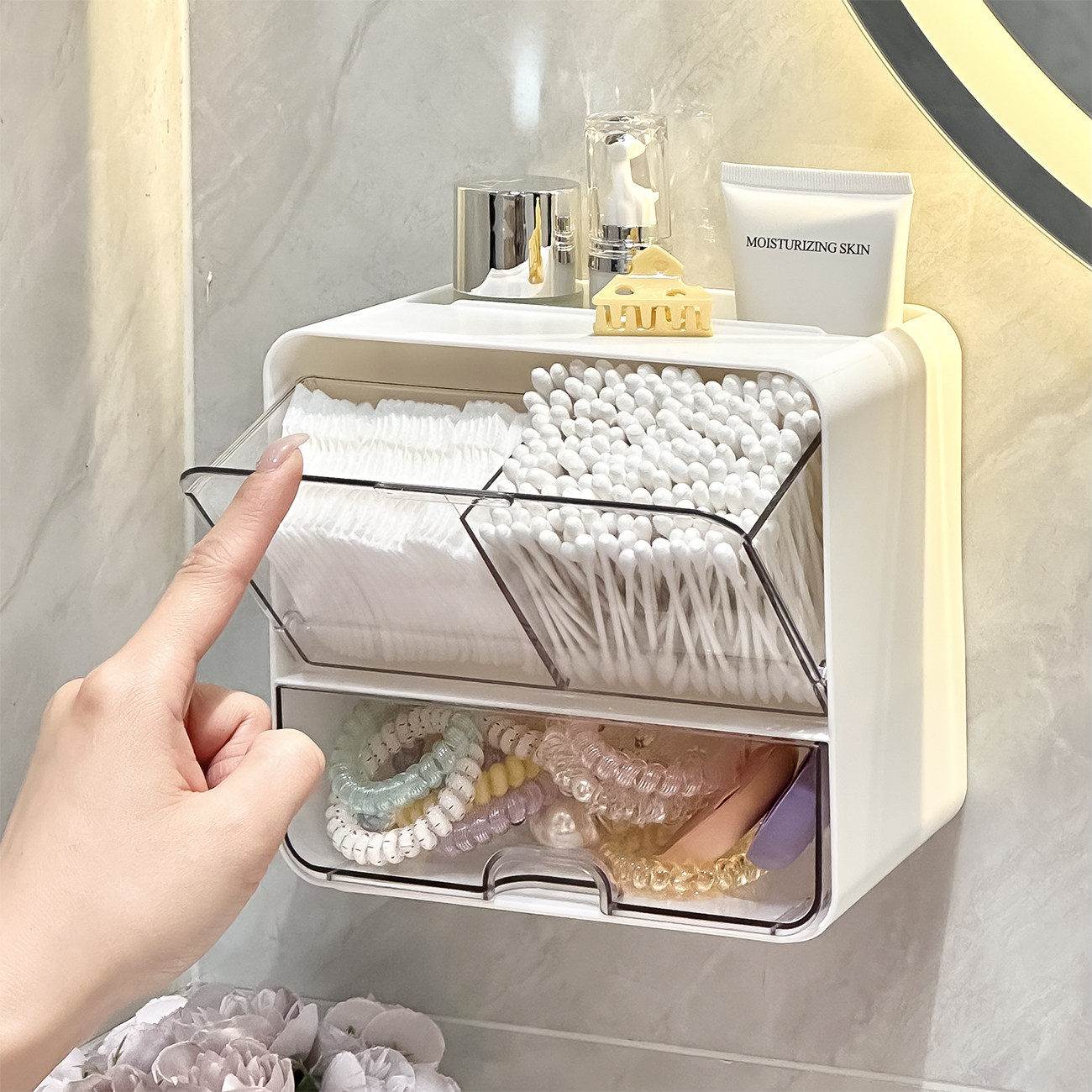 卫生间镜柜收纳盒化妆卸妆棉片棉签盒大容量壁挂粉扑发饰头绳收纳,收纳整理,卸妆棉收纳盒,淘宝优惠券,粉丝福利购,淘宝优惠卷