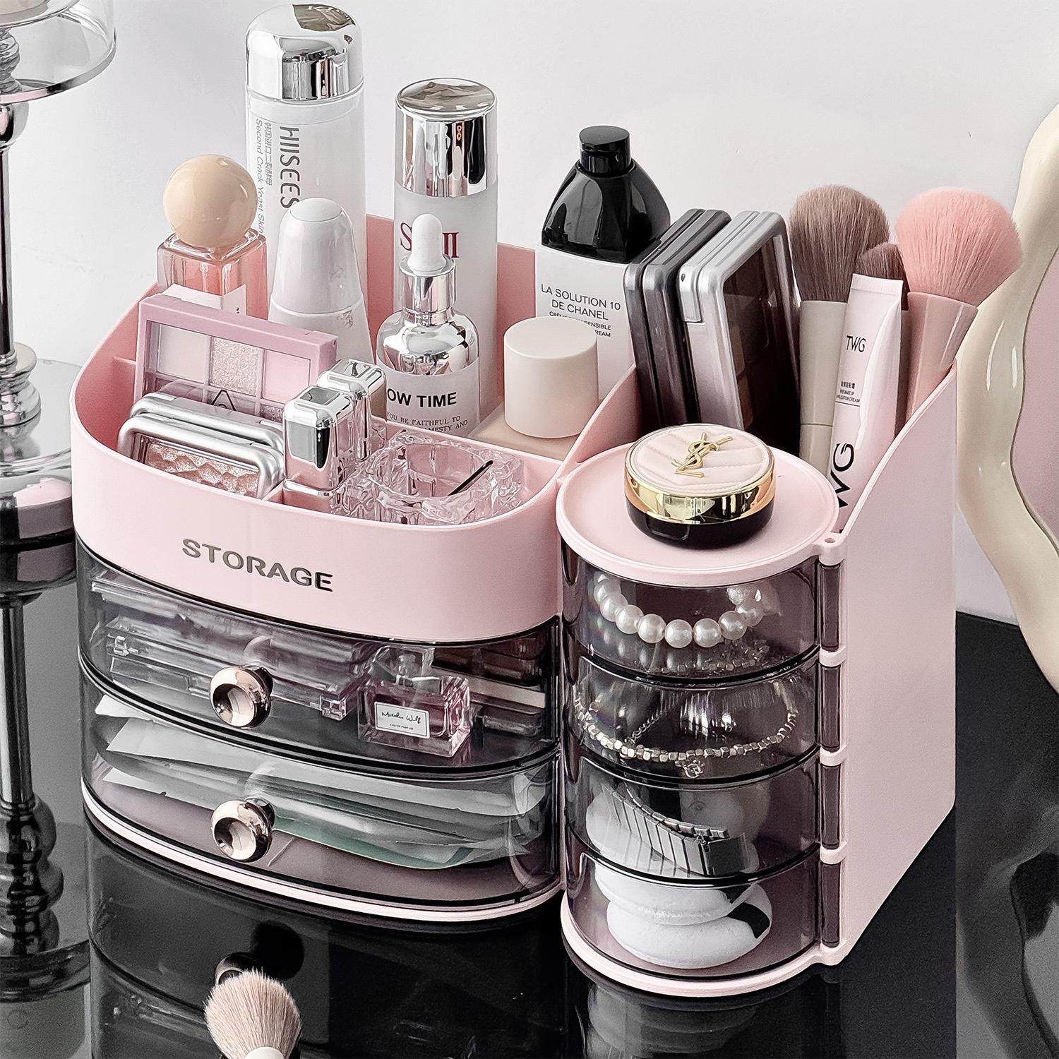 多功能化妆品收纳盒抽屉式旋转粉扑收纳盒桌面水乳置物架化妆刷筒,收纳整理,桌面收纳盒,淘宝优惠券,粉丝福利购,淘宝优惠卷