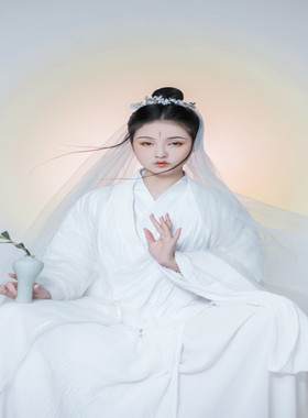 汉服女西游记菩萨衣服全套头纱角色演出服观世音头饰白色成人服装
