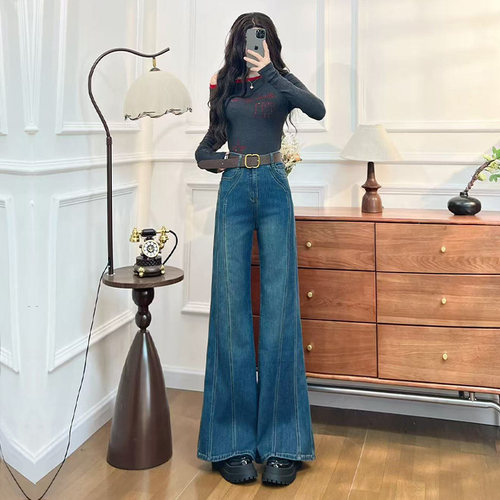 阔腿喇叭牛仔裤女春秋冬新款加绒