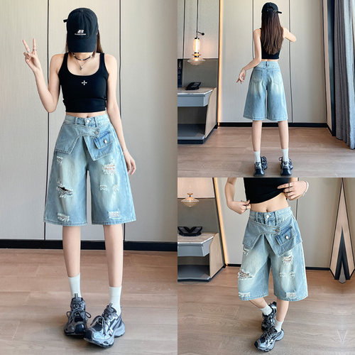五分设计感破洞阔腿牛仔裤女夏薄