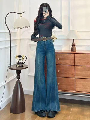 阔腿喇叭牛仔裤女秋冬季新款高腰显瘦弹力宽松覆古设计感直筒裤子