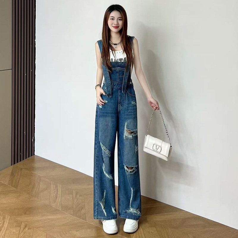 背带破洞直筒牛仔裤女2026年新款