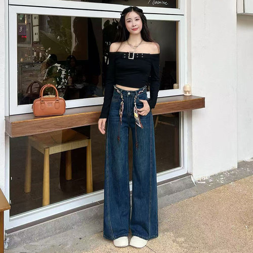 复古蓝阔腿喇叭牛仔裤女秋冬加绒