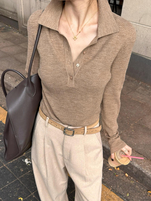 咖色短款老钱风polo领翻领针织衫女秋冬气质高级感内搭打底衫上衣