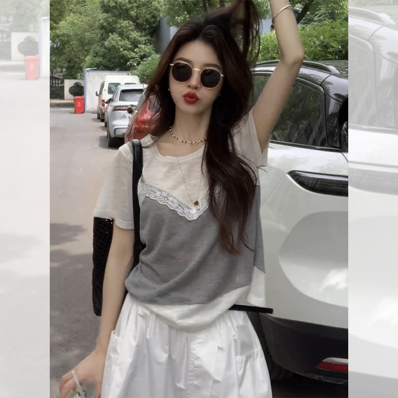 小个子假两件蕾丝拼接短袖t恤女夏日ootd穿搭设计感短款修身上衣