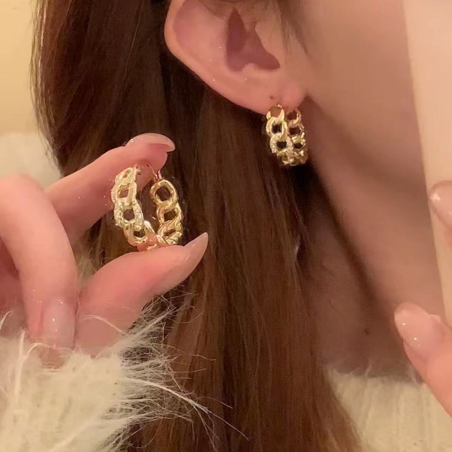 金色镂空链条圈圈耳扣女